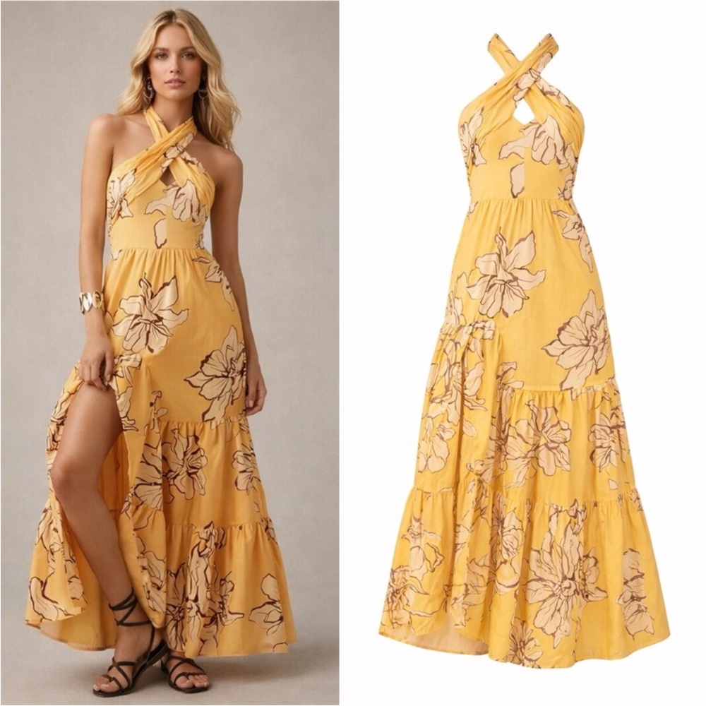 NWT Anthropologie Hutch Dress Halter Maxi Ruffle in Maize Yellow Floral - Picture 3 of 9